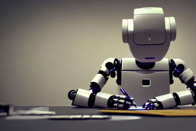 Ein Roboter sitzt am Schreibtisch und schreibt