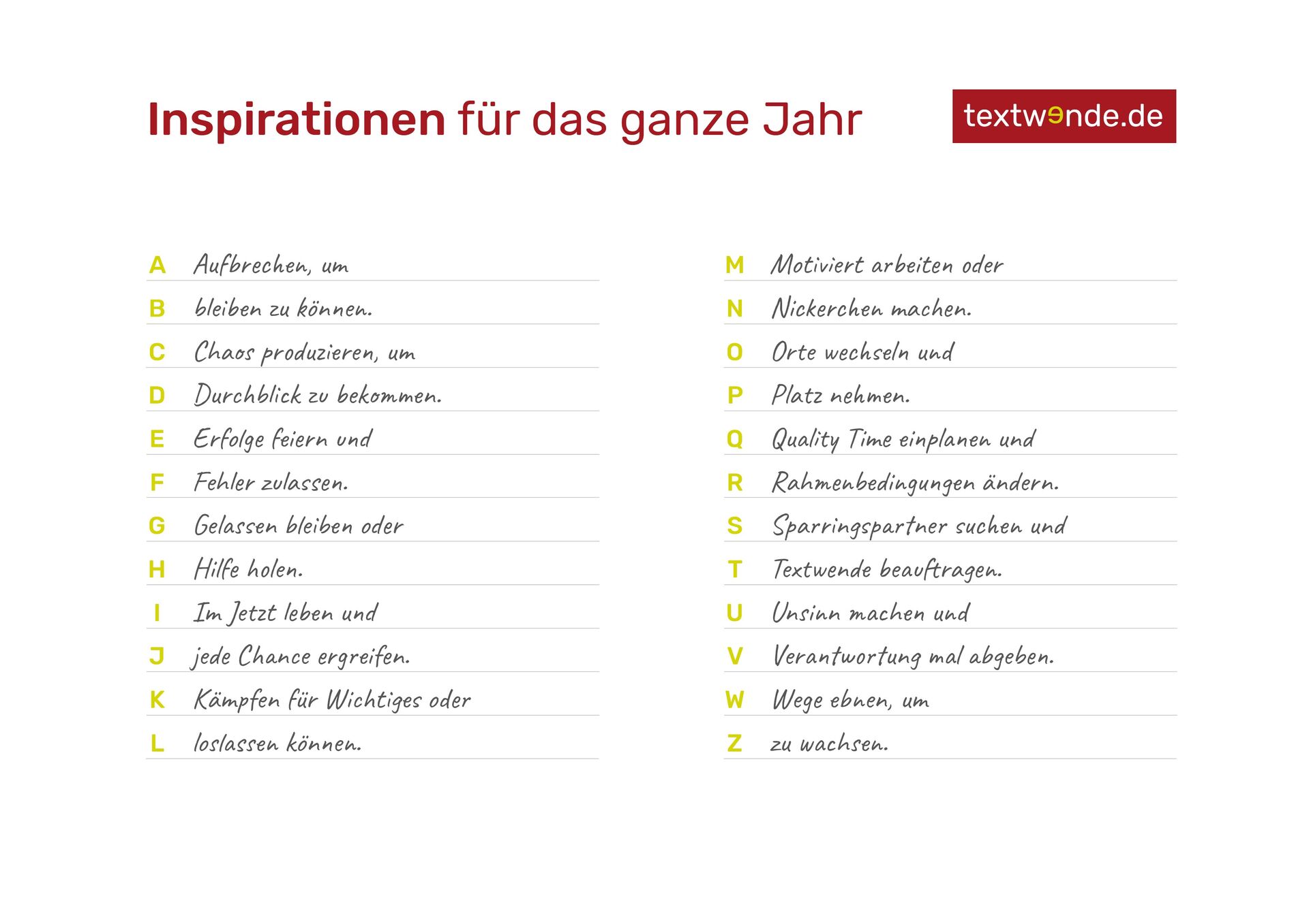 Neujahrsgruß mit einem Wort zu jeden Buchstaben des Alphabets