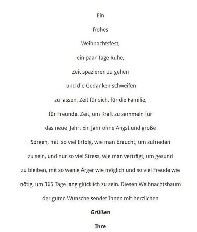 Ein Weihnachtsgruß so formatiert, dass der Text wie eine Tanne aussieht